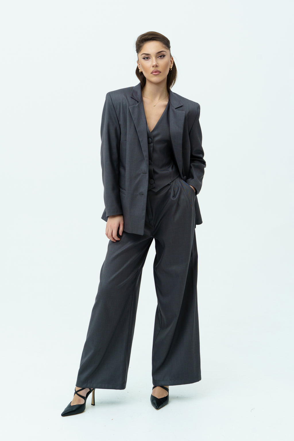 Gray three-piece suit