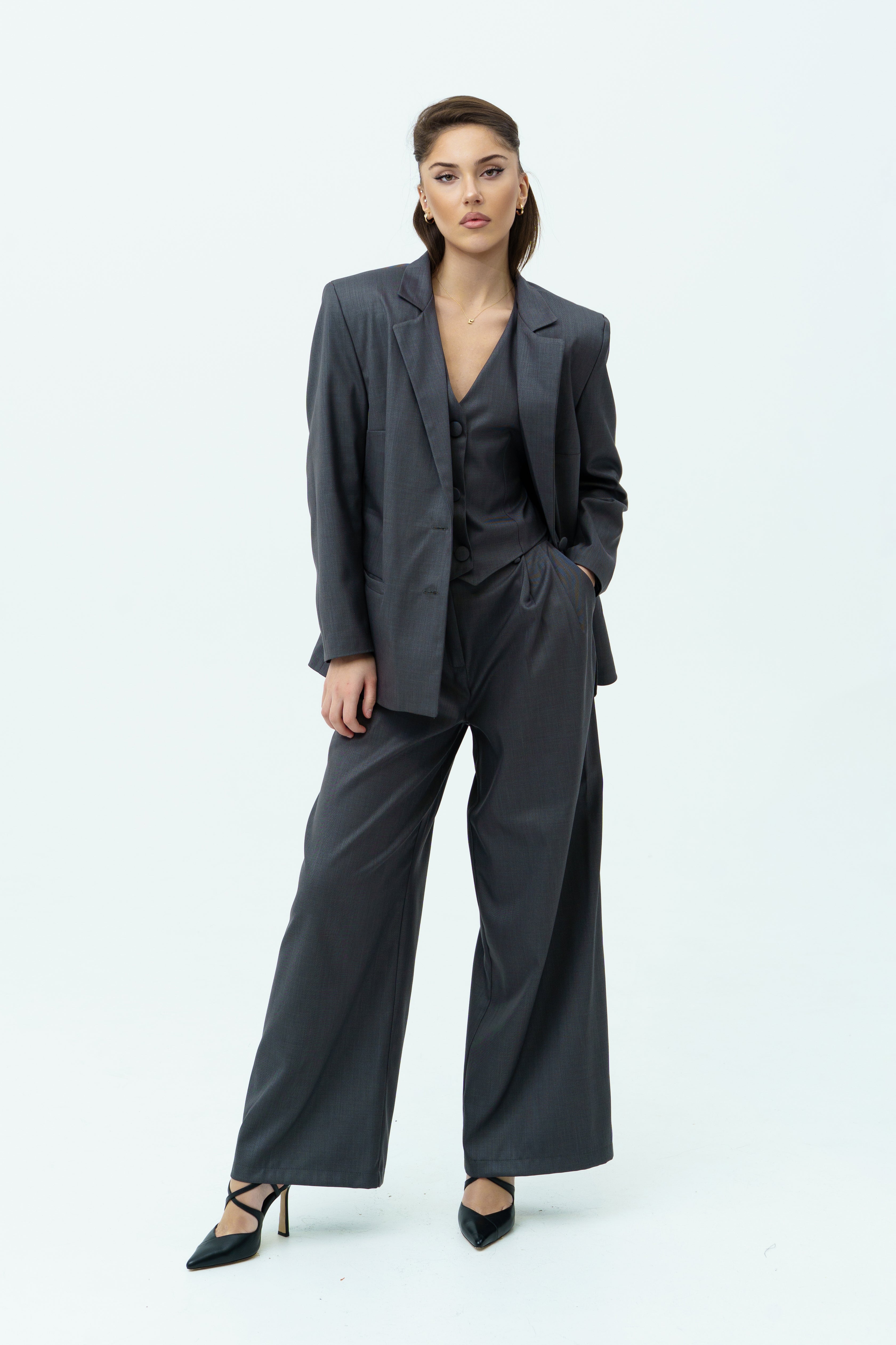 Gray three-piece suit