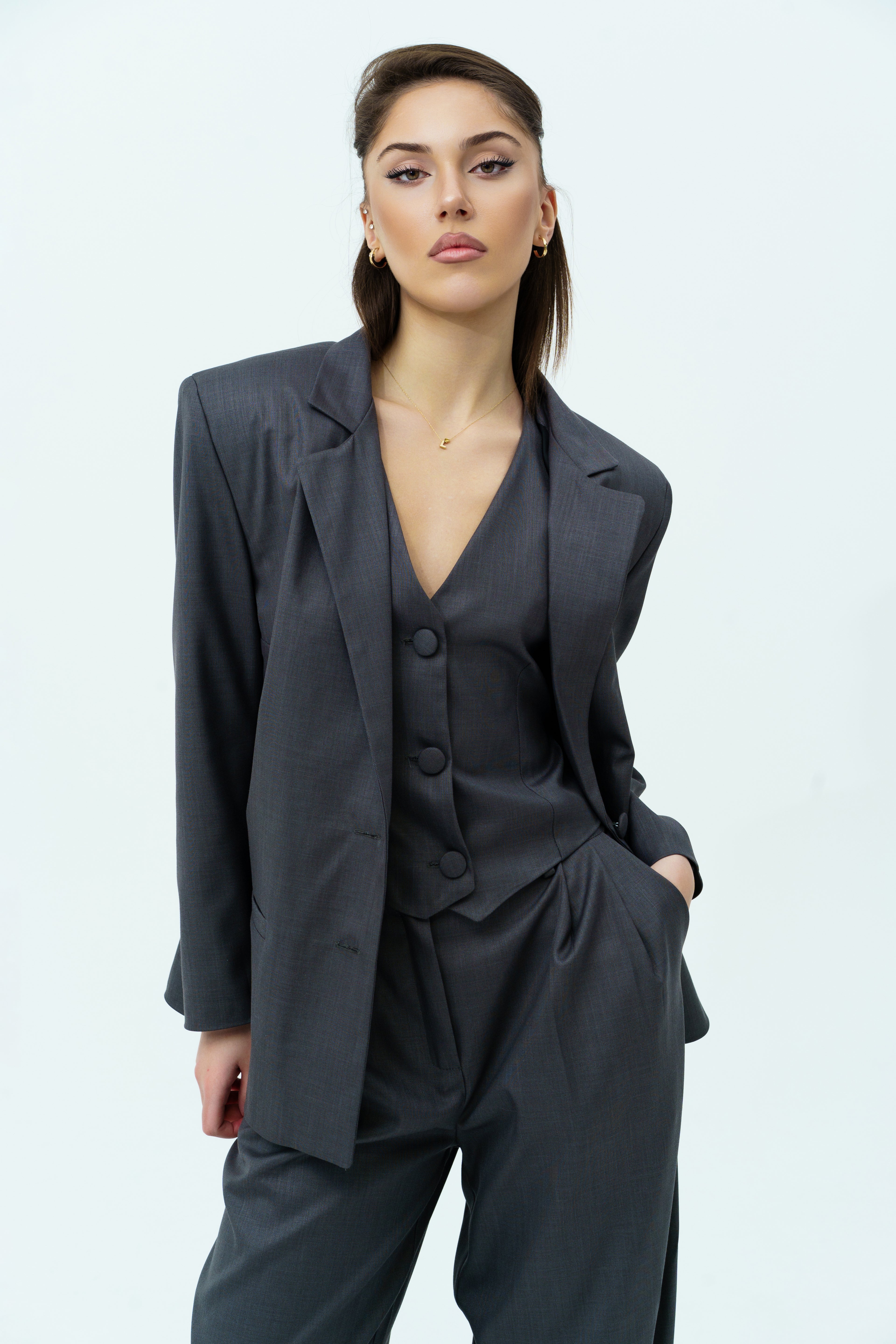 Gray three-piece suit