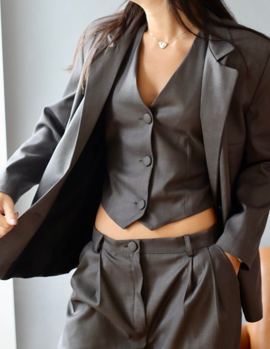 Gray three-piece suit